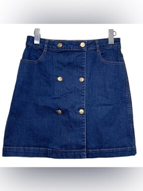 Cyrillus Paris Dark Blue Denim Skirt Sz 28" Nautical Gold Buttons Front Coastal